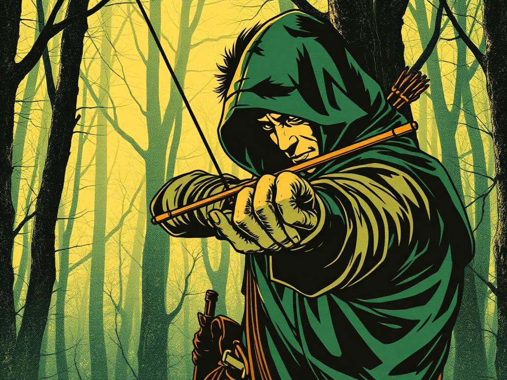 Robin Hood drawing a bow in the forest