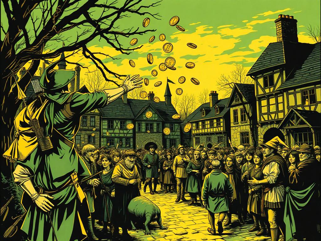 Robin Hood throwing coins to villagers